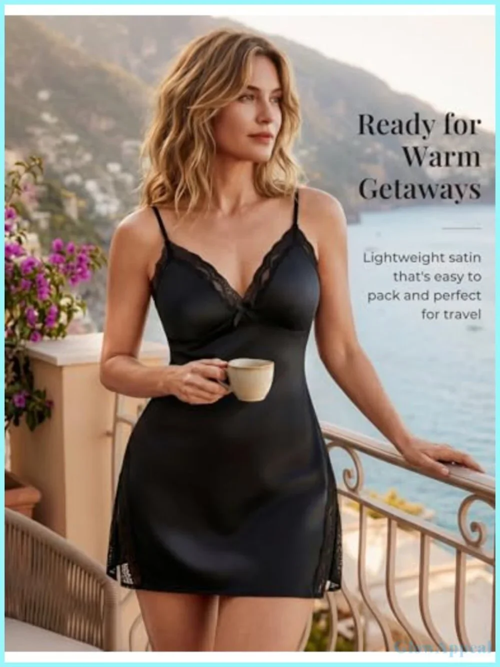 Satin Lace Trim Babydoll Slip Sleep Dress V-Neck Spaghetti Straps